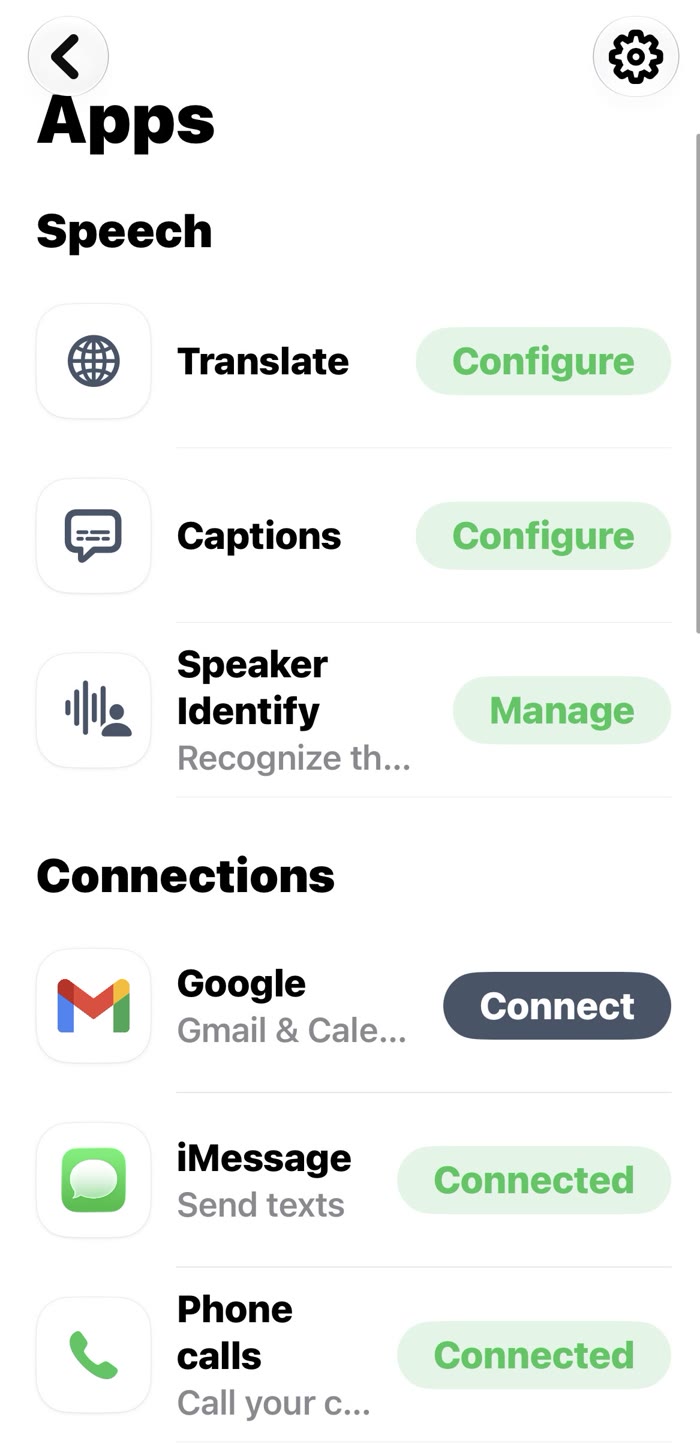 The MIRA app showing Translate, Captions, Speaker Identify, Google, iMessage and phone call connections