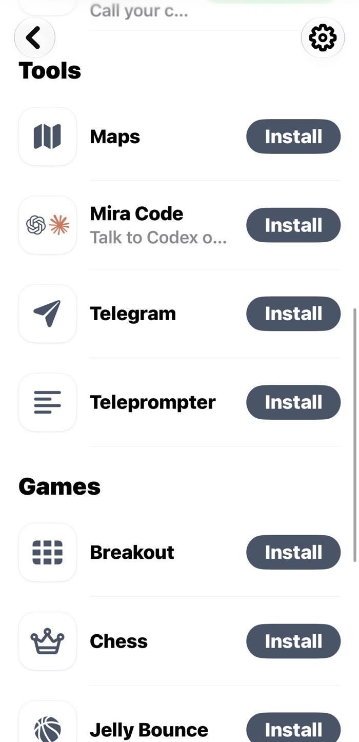 The MIRA app tools list including Maps, Mira Code for Codex or Claude, Telegram and Teleprompter