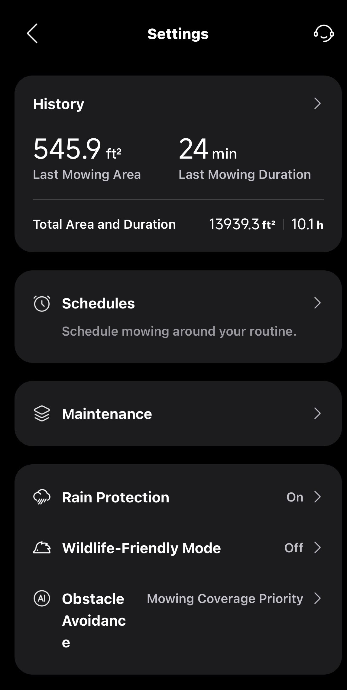 The app settings: mowing history, schedules and rain protection