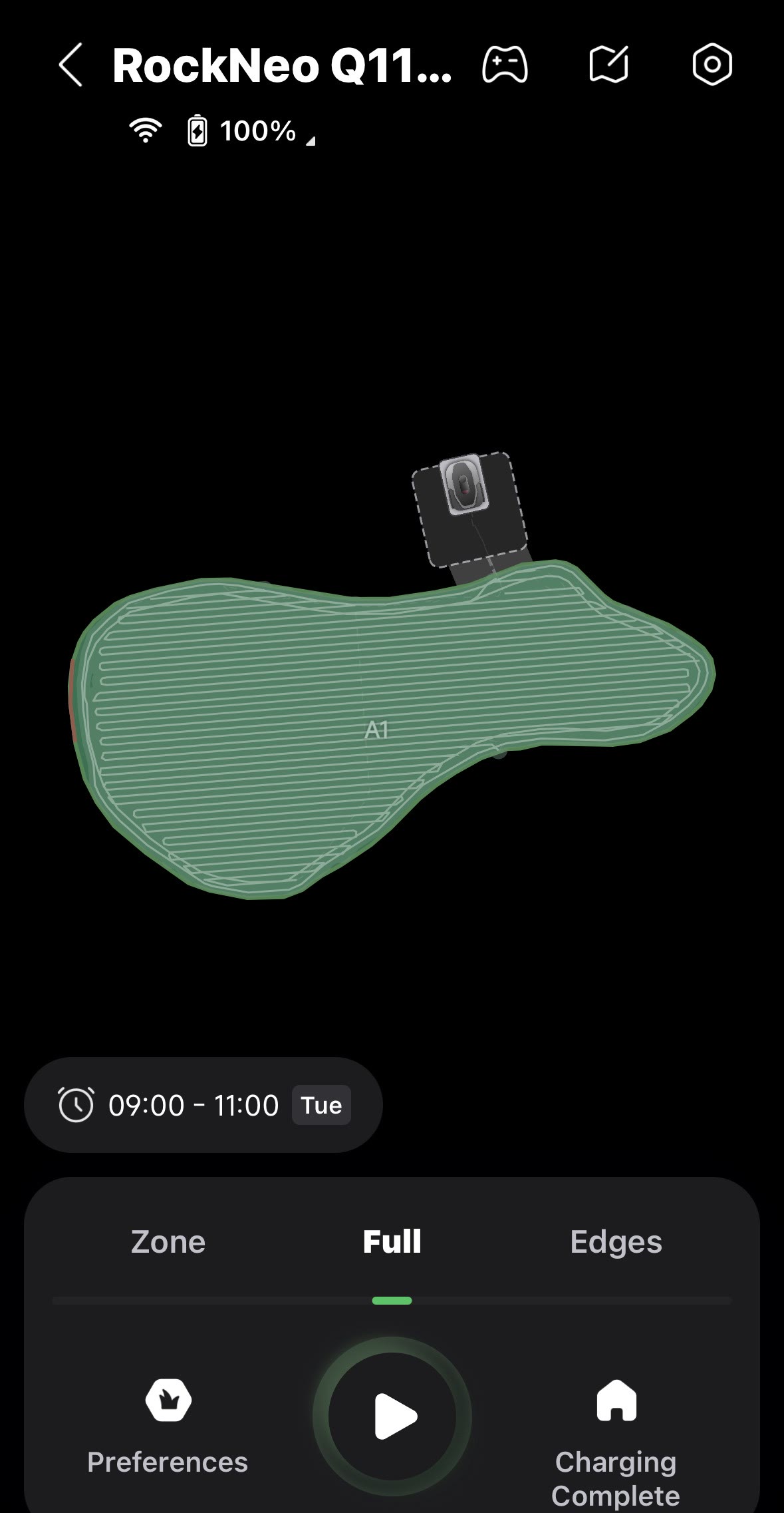 The Roborock app showing a map of the lawn and the mowing schedule