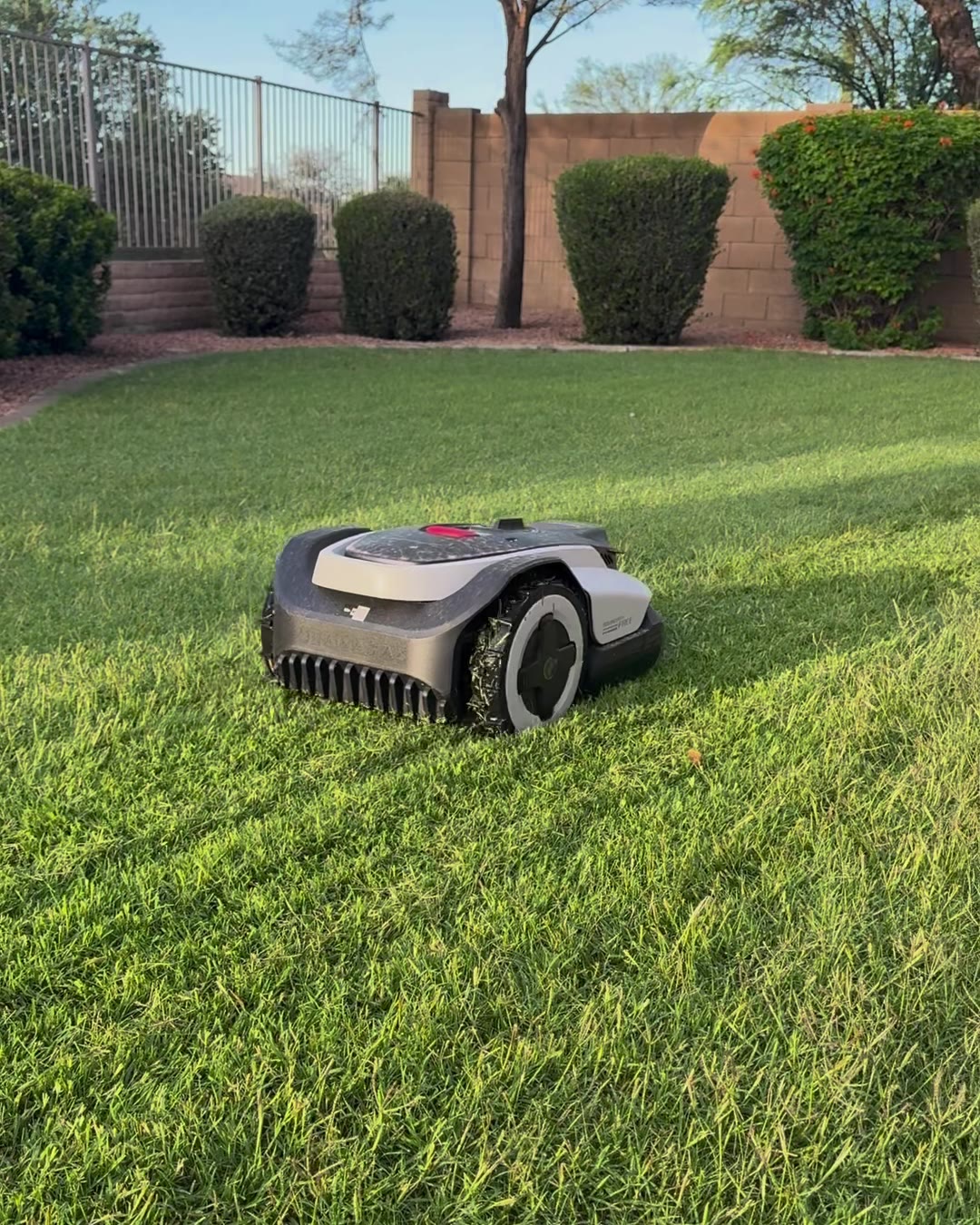 The mower working across a striped, freshly cut lawn